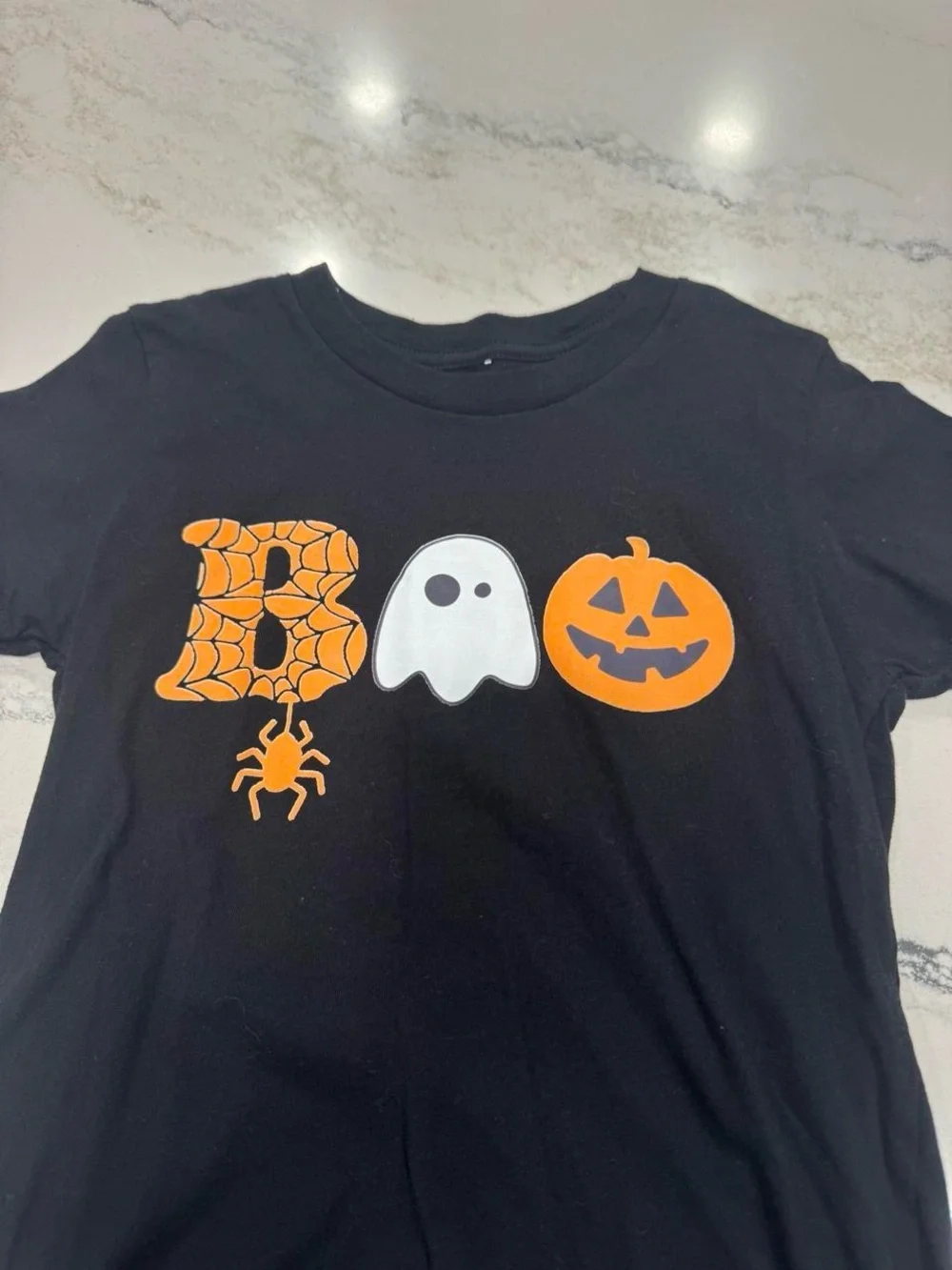Kids Black 'Boo' Halloween Tee with Orange Pumpkin & White Ghost